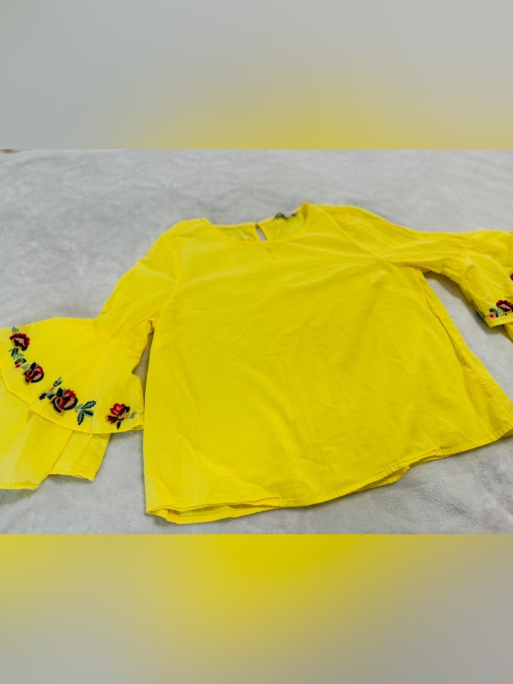 Bell Sleeve Yellow Long Sleeve Top - Bright Yellow Embroidered Detail